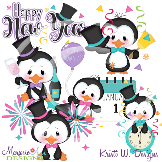 New Year Penguins SVG Cutting Files Includes Clipart - Click Image to Close